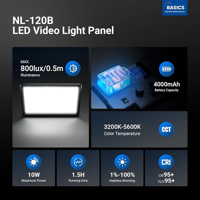 NEEWER Basics 9" LED Light Panel, 3200-5600K Edge Lit Dimmable Camera Soft Key Lighting with Desk Tripod Stand, CRI95+ 800Lux 4000mAh Rechargeable for Photography Video Recording Streaming, NL-120B