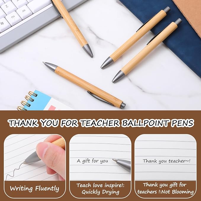 100pcs Wooden Bamboo Pens Bulk Wood Retractable Ballpoint Pen Black Ink 1mm Thank You Wooden Pens Engraving Wood Ballpoint Pen for Office School Teacher Coworker Student Journal Graduation Gifts