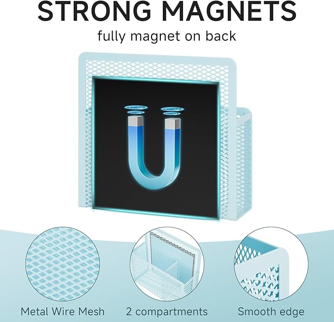 Marbrasse Magnetic Dry Erase Marker Holder, Mesh Pen Holder for Whiteboard，Magnet Pencil Organizer Storage for Refrigerator Locker Accessories Organizer for Home, School and Office (Blue 4p)