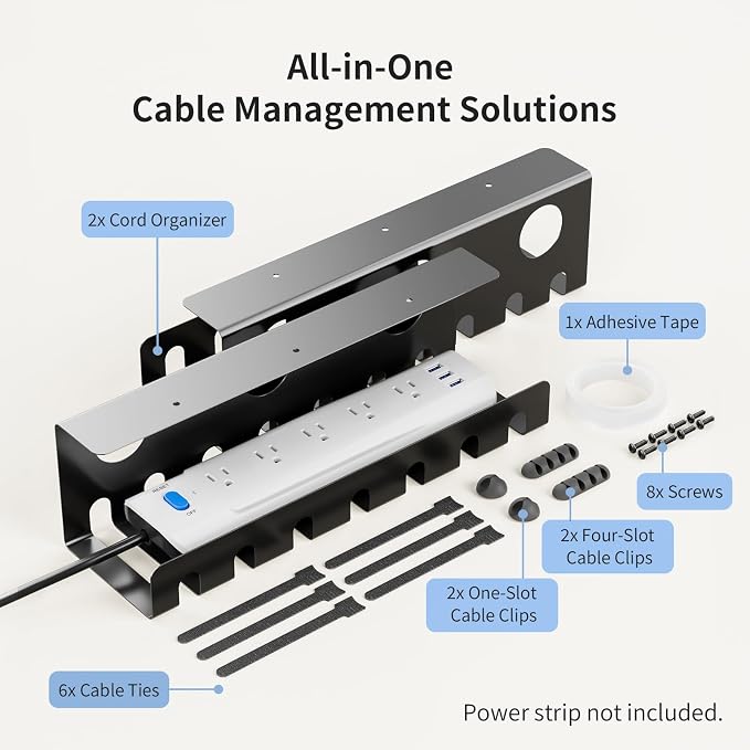 Delamu 2 Pack Metal Under Desk Cable Management Tray, U Channel Cord Organizer Box, Office Under Desk Cord Organizers, Cable Management with Various Accessories, Black, 15.75 Inches