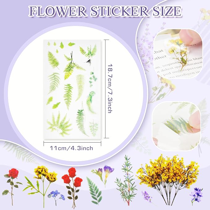 36 Sheets Flower Stickers for Scrapbooking,576 Pcs Self-Adhesive Transparent Flower Stickers Scrapbook Supplies Journaling for Adult Card Making Letters DIY Water Bottle Cards Decoration