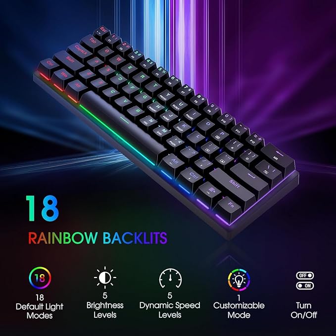 Portable 60% Mechanical Gaming Keyboard, Wired Keyboard with Blue Switches,LED Customization Backlit,61 Keys Ultra-Compact Mini OfficeKeyboard for PC/Mac/Xbox,Easy to Carry On Trip-Black