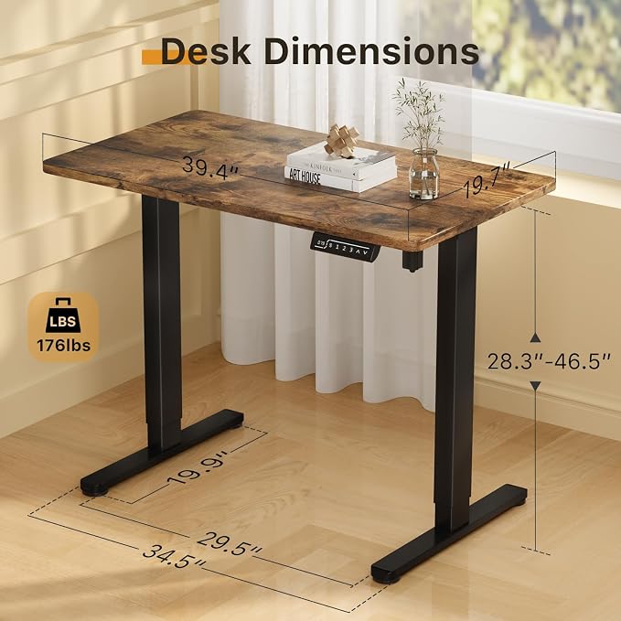 JOY worker Small Electric Computer Desk, 40" Whole Piece Height Adjustable | 40" x 20" Rustic Brown Compact Sit Stand Desk with Memory Controller, Narrow Computer Workstation for Home Office Walking Pad