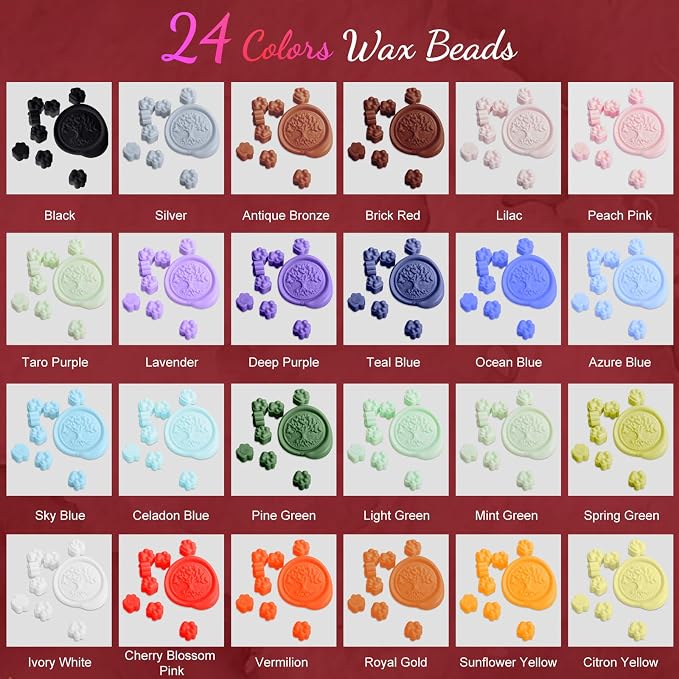 Numola Wax Seal Kit with Gift Box, 24 Colors 600 Pcs Cat-paw Beads, 10 Stamps with Storage Box, 2 Retro Handle, Metal Warmer, Vintage Envelopes, Metallic Pen, Candles, for Gifts and Decorating