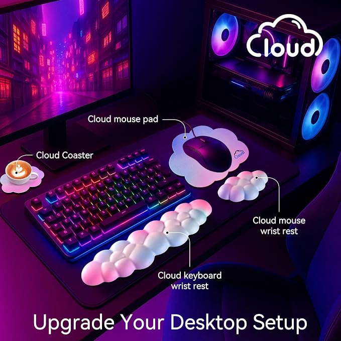 Sushret Cloud Wrist Rest for Computer Keyboard, 4-in-1 Memory Foam Leather Cloud Keyboard Wrist Rest and Mouse Pad Set with Ergonomic Support for Arm and Palm Cushion, Gaming/Work Setup, Black