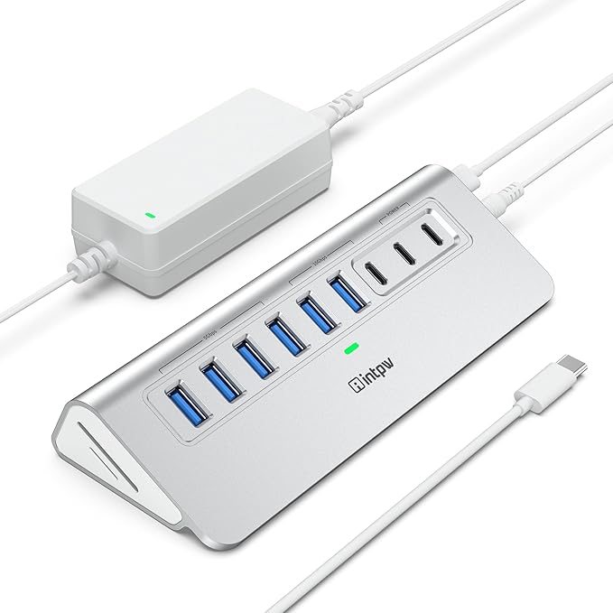 YH6AC Plus Powered USB Hub 10Gbps, 11 Port USB 3.2 Hub(USB A/USB C 3.2+4 USB-A 3.0+2 PD 45W Fast Charging Ports+SD/TF Card Reader), 65W Power Adapter,Aluminum USB HUB for PC,Laptop,iPhone 17/16