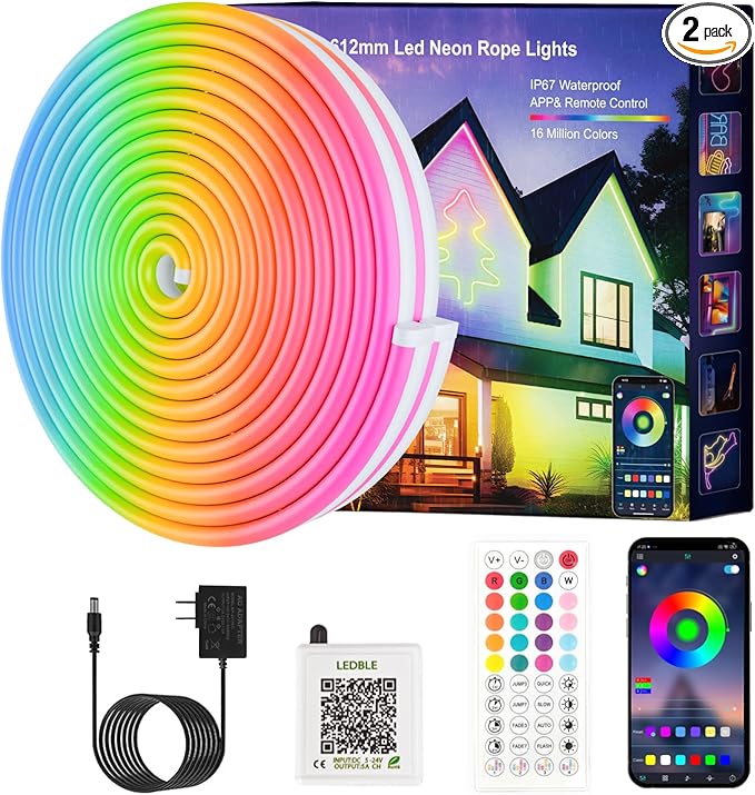 Neon Rope Lights,65.6FT RGB LED Strip Lights, App Control, IR Remote, Music Syncing, Outdoor IP67 Waterproof, Flexible Strip Cuttable for Bedroom, Gaming, Party(2 Rolls of 32.8FT)