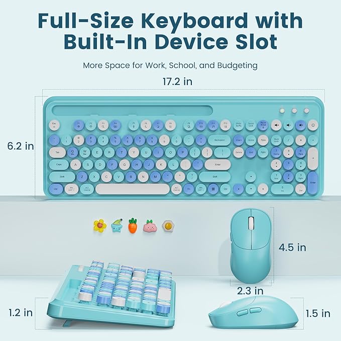 Wireless Keyboard and Mouse Combo, Retro Round Keycaps, Full-Size Stylish Typewriter Keyboard with Phone/Tablet Holder, Ergonomic Mouse with 3-Level DPI, 2.4GHz Connection for Windows/PC (Ice Blue)