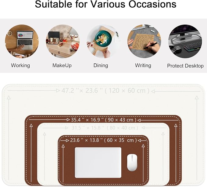 Double-Sided Office Desk Mat, Large Mouse Pad, Waterproof PU Leather Protective Pad, Laptop Desk Pad, Dual Use Cover Protector for Office/Home Keyboard (White+Brown, 31.5''×15.8'')