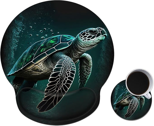Mouse Pad with Wrist Support Gel, Ergonomic Mouse Pad with Comfortable Wrist Rest, Gaming Mousepad Non-Slip PU Base for Laptop Office Easy Typing & Pain Relief,Cute Green Sea Turtles