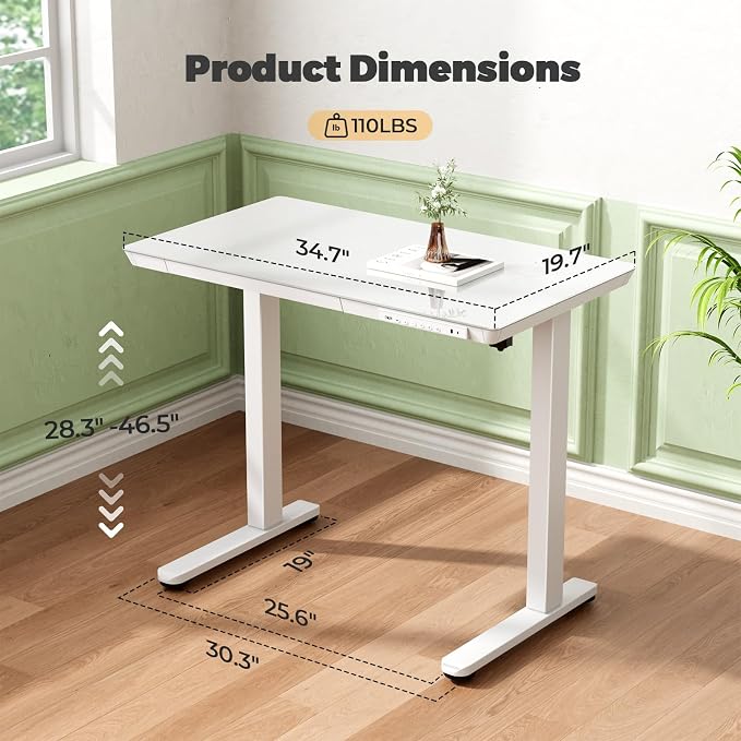 Glass Electric Standing Desk with Drawer, 35" x 20" Whole Piece Small Sit Stand Table, Height Adjustable Desk with Storage & USB Ports, Quick Install Home Office Computer Desk, White