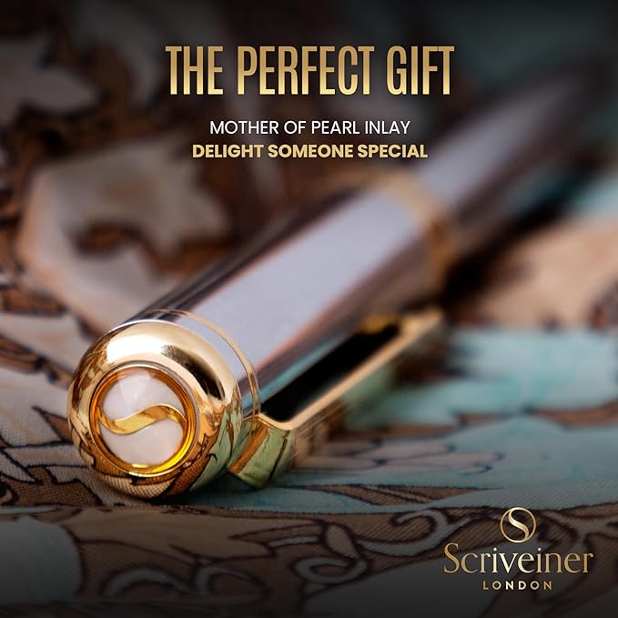 Scriveiner Personalized Silver Chrome Fountain Pen - Stunning Luxury Pen, Real Gold Plating, Schmidt Gilded Nib (Medium) Best Engraved Pen Gift Set for Men & Women, Custom Name Engraving