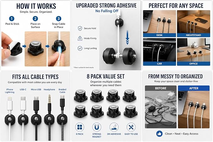 Magnetic Cable Organizer Pack: Cord Holder for Nightstand, Home Office Accessories, Cable Organizer Clips, Cord Clips for Wires on Wall, Magnetic Cord Keeper for Desk and USB Charger Cables