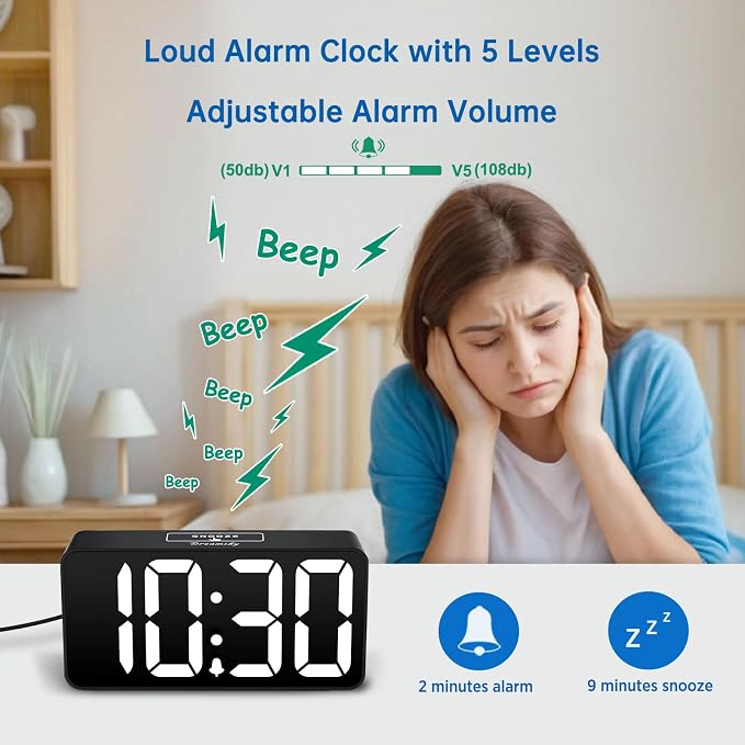 DreamSky Small Digital Alarm Clock for Bedroom, RGB Kids Alarm Clock Boys | Electric Desk Clock with Large Numbers for Bedside Nightstand, Dimmer, Adjustable Alarm Volume, USB Port, USB-C Plug-in