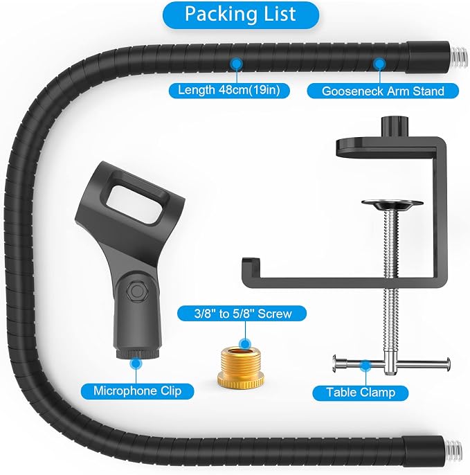 ZealSound Microphone Stand Gooseneck 19”, Flexible Clamp-On Desktop Mic Stand with 360° Adjustable Arm, 3/8" to 5/8" Adapter, Heavy-Duty Desk Mount, for Podcasting, Streaming, Podium & Public Speaking