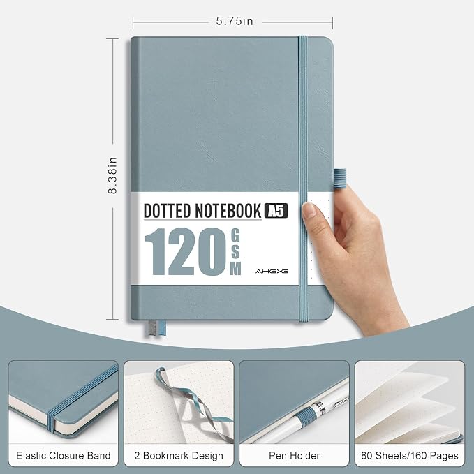 AHGXG Dotted Journal - Dot Grid Notebook Journal, 120 GSM Thick Acid-Free Paper, A5 Dotted Notebook 160 Pages, Leather Hardcover, Inner Pocket, Journal Stencil, 5.7'' × 8.3'', Gray Blue