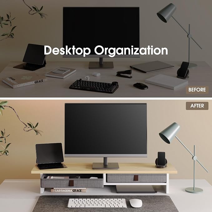 Fenge 35 Inch Monitor Stand with Drawer Storage, Computer Riser for Desk | Wooden Computer Shelf, 2 Tiers, for Dual Monitor/Laptop/PC/TV/Printer up to 55Lbs, Home Office Desk Organizer
