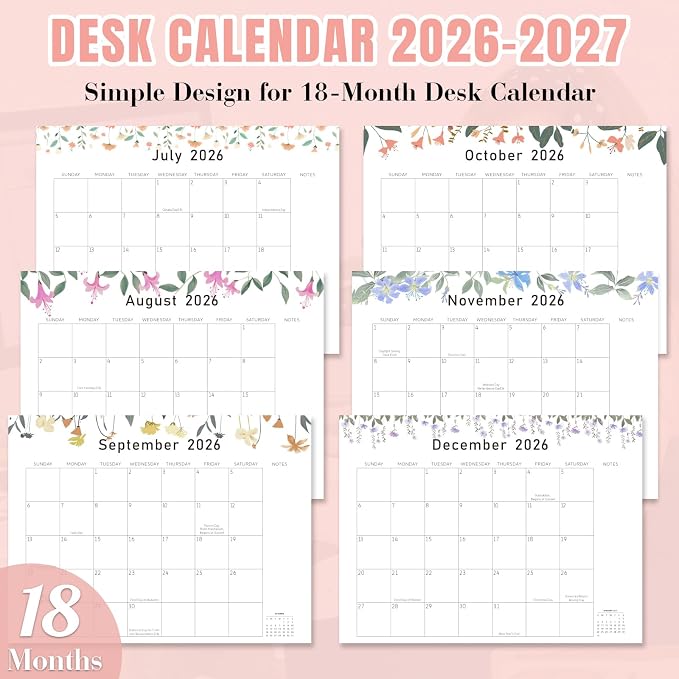 Gannyfer Desk Calendar 2026-2027 with Desktop Mat, Large 22" x 17" Desk Pad Calendar, 18-Month Calendar July 2026-Dec 2027, Office Supplies for Home School Office, Pink with 6 Stickers