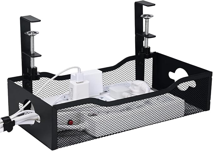 Large Under Desk Cable Management Tray - Heavy Duty Metal Cord Organizer with No Drill Installation for Office & Home Office Desks to Hide Wires & Power Strips (Black, XL)