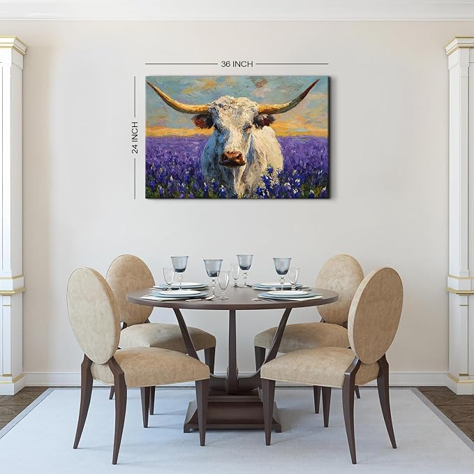 Colorful Animal Wall Art Longhorn Cattle Wall Decor for Living Room Vintage Lavender Fields Painting Poster Retro Farmhouse Country Wildlife Canvas Pictures Artwork Bedroom Office Decorations 24x36"