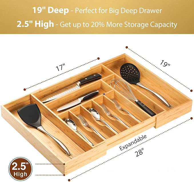 Extra Large Expandable Kitchen Siverware Utensils Drawer Organizer, 19" Deep for Big Drawer, Adjustable Bamboo Wood Drawer Divider with Curved Grooves, Cutlery Tray Flatware Holder
