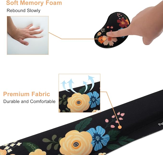 Petmolico Desk Pad Set with Wrist Rest for Keyboard & Mouse, Black Floral | Anti-slip PU base, durable Lycra & memory foam, relieves wrist fatigue, perfect for work, home & daily use
