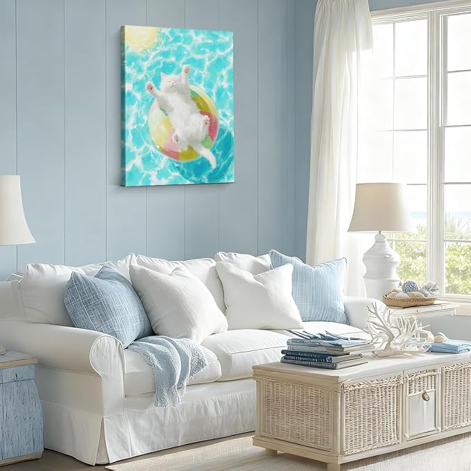 Summer Pool Beach Ball Canvas Wall Decor, Cute Cat Wall Art, Funny White Kitten Floating Water Painting, Aesthetic Animal Wall Art for Bedroom Bathroom Living Room 8x10 Framed