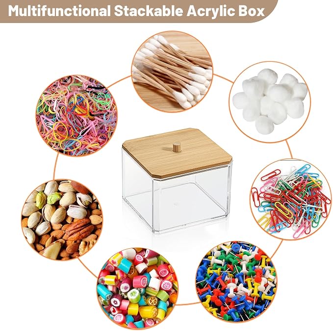 BTSKY 2 Pack Clear Stackable Paper Clip Holder with Bamboo Lid Paperclip Box Thick Acrylic Office Supply Accessory Organizer Square Small Storage Holder Cute Qtip Holder for Office Bathroom Vanity
