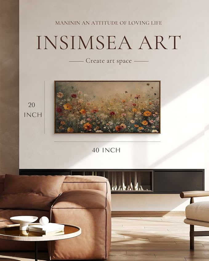 InSimSea Extra Large Framed Vintage Wall Art, Living Room Country Farmhouse Decor, Spring Flower Wildflower Landscape Canvas Prints, Retro Flowers Long Pictures for Bedroom Above of Bed, 20x40inch