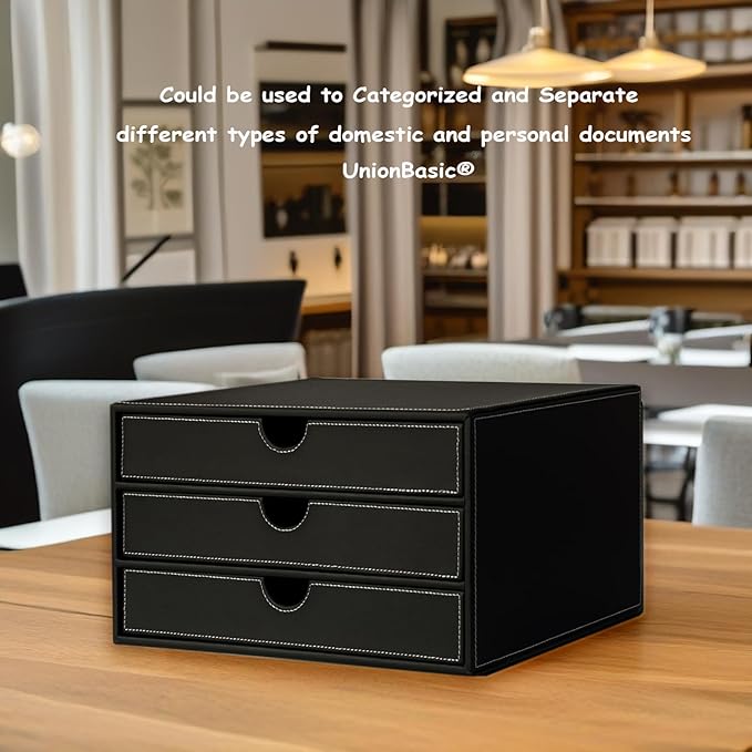 UnionBasic Document Organizer, 3-Drawer File Cabinet Document Storage Box, Office Desktop Filing Organizer, Black with White Stitching