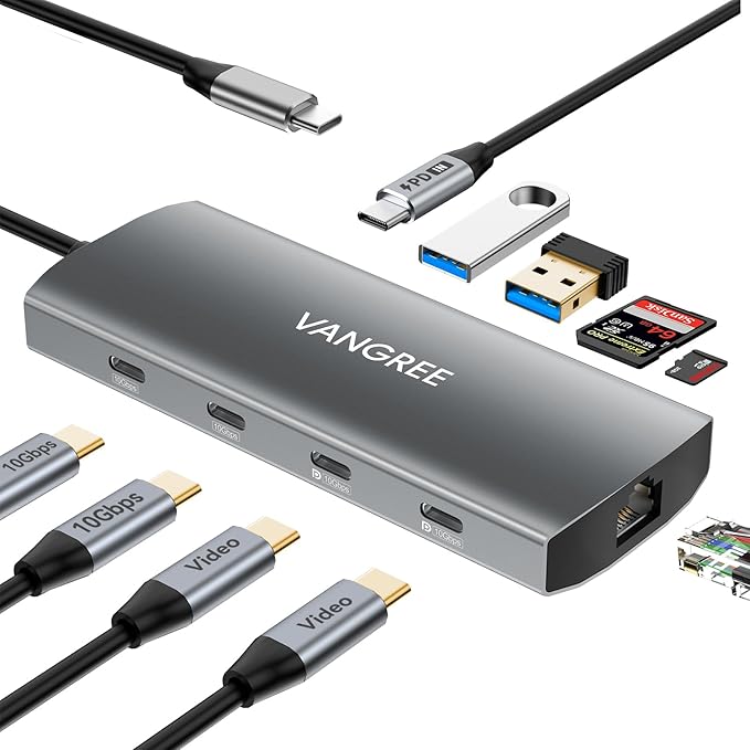 USB C Hub with Dual 4K@60Hz Displayports, 2 USB-A & 2 USBC 3.2 10Gbps Ports, 1Gbps Ethernet, 100W PD, SD/TF, USB C Splitter Docking Station for MacBook Pro/Air, iMac, iPad Pro, XPS, Thinkpad, Surface