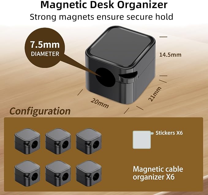 6 Pack Magnetic Cable Clips, Under Desk Cable Management for Office | Adhesive Cord Holder for Phone Wall Desktop, Home Nightstand Desk Accessories (Black)