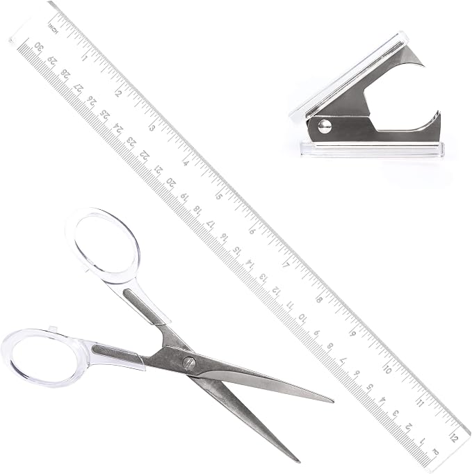 Silver Acrylic Lucite Bundle | Premium Stapler, Tape Dispenser, Scissors, Staple Remover, & Ruler Gift Set | Clear Stationery & Desk Accessories | Modern, High End, Chic, Luxury Office Goods