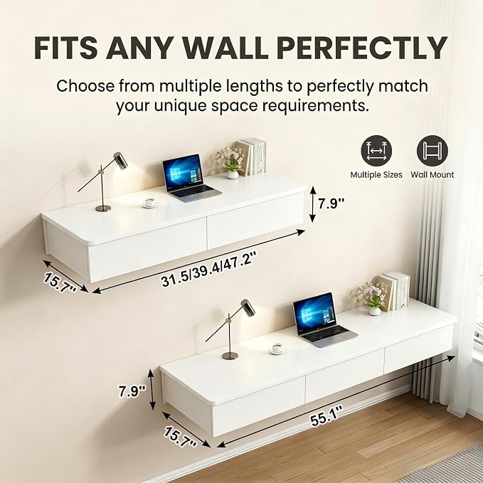 Floating Desk with Drawers, Wood Wall Mounted Desk, Floating Makeup Vanity, Space Saving, Sturdy and Stable, Floating Table for Living Room, Bedroom, Home, Office, White