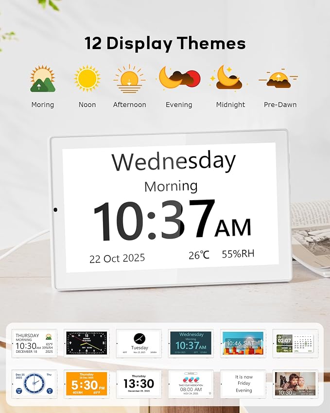 Mesqool 10.1" Large Digital Calendar Clock for Seniors with Date & Day | Easy-to-Read Display, Daily Reminders, Auto Dimming, Remote Control, Indoor Temperature & Humidity, Wall Mountable