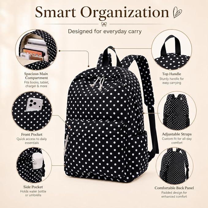 Bluboon Teen Girls School Backpack Kids Bookbag Set with Lunch Box Pencil Case Travel Laptop Backpack Casual Daypacks (Black Polka Dots)