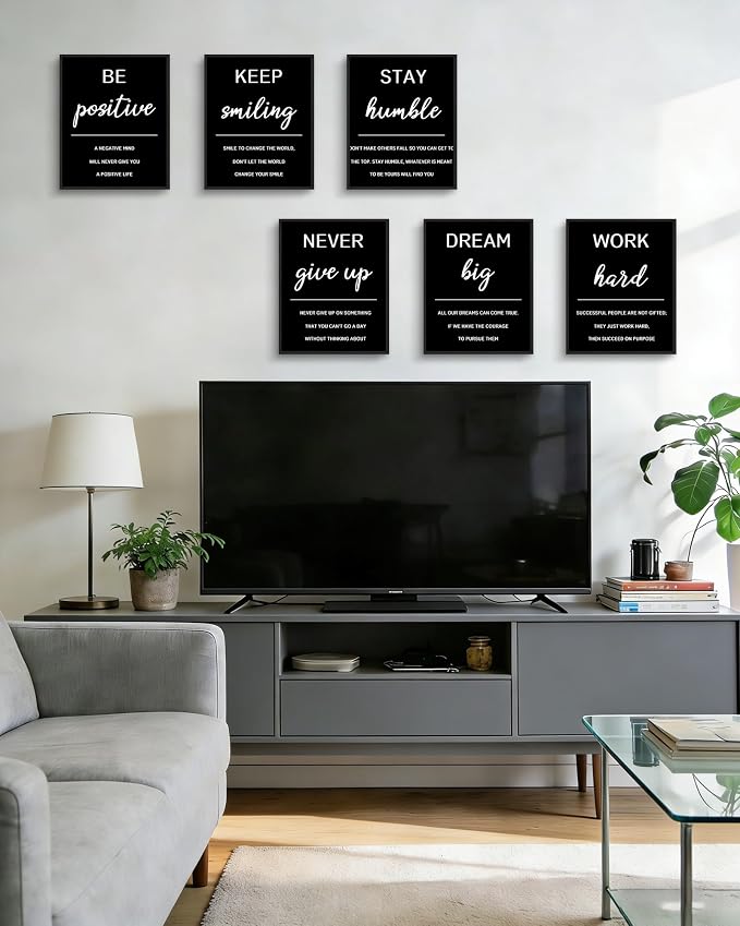KUVIOKE Inspirational Framed Wall Art Motivational Quotes Wall Decor Encouraging Office Posters Sayings for Classroom Bedroom Living Room Ready to Hang Set of 6, 8x10in (Black Framed)