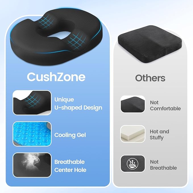 Donut Pillow Seat Cushion, Cooling Gel Memory Foam Chair Cushion, Black | Office, Home & Car Seat Cushion, Butt Pillow for Tailbone Pain Relief, Hemorrhoids and Everyday Sitting Comfort