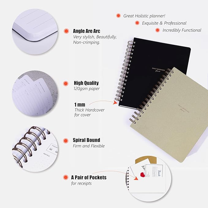 Undated Daily Overview Planner - 3-Month Productivity Journal to Increase Focus, Eliminate Overwhelm, and Achieve Your Goals - 8×8.8" Hard Cover Wire-bound Agenda Notepad