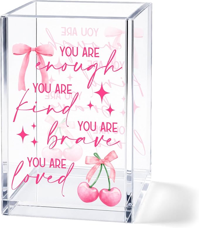 Acrylic Pen Holder Cup, Inspirational Affirmations Desk Decor, Positive Quotes Pencil Holder Organizer, Aesthetic Office Accessories, Encouragement Gift for Women Teen Girls