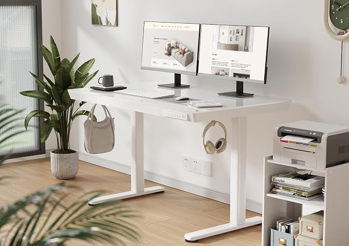 Claiks Glass Standing Desk with Drawers & USB Ports 48x24 Inch, White | 3 Steps Quick Install, 2 Zones Drawer, USB Ports, Ultra White One-Piece Glass Top, Writable Top