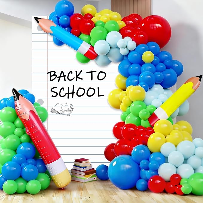 Welcome Back to School Party Decor Rainbow Balloons Arch Kit with Pencil Balloon Backdrop Giant Inflatable Pencil Notebook Photo Props for First Day of School Kindergarten Classroom Supplies(Colorful)