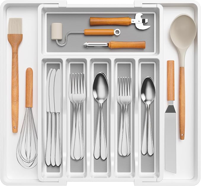 Lifewit Silverware Drawer Organizer, Expandable Utensil Tray for Kitchen, BPA Free Flatware and Cutlery Holder, Adjustable Plastic Storage for Spoons Forks Knives, 33 -57 x 42cm, White and Gray