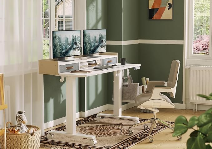Claiks Standing Desk with Drawers & Wheels, 2 Height Shelf 63" White | 2 height adjust shelf, tabletop drawers, felt fence design, sturdy supports 176 lbs, 4 wheels, 2 tire monitor stand