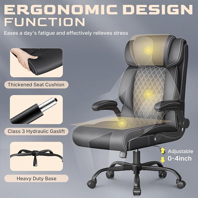 Office Chair-Executive High Back Breathable Comfy Desk Chair with Flip-up Armrests Lumbar Support-Ergonomic Leather Rolling Swivel Chair with Rock Function for Working,2 Pack