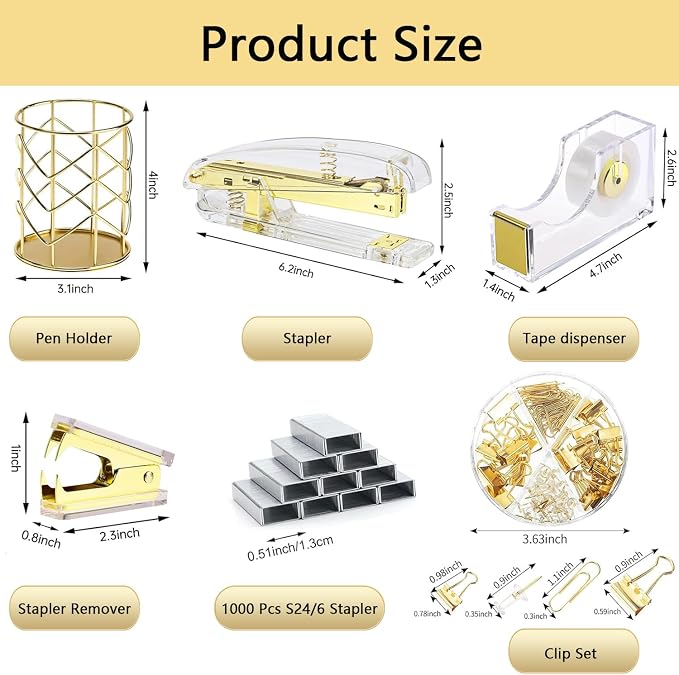 suniya Office Supplies,Gold Desk Accessories,with Stapler,Tape Dispenser,Pen Holder,Scissors,Phone Stand,Staple Remover,Ballpoint Pen,Clear Tape, Staples,Ruler,Clips,Best Gift for Business or Boss