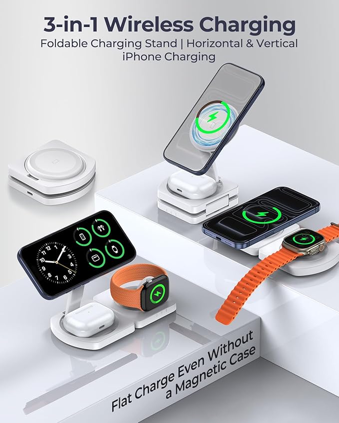 EGV Wireless Charger for iPhone, 3-in-1 Magnetic Charging Station for Apple, MagSafe Charger Stand for iPhone 17 Air 16 15 14 13 12 Series, Airpods Pro, Apple Watch Ultra, Foldable, No Adapter, White
