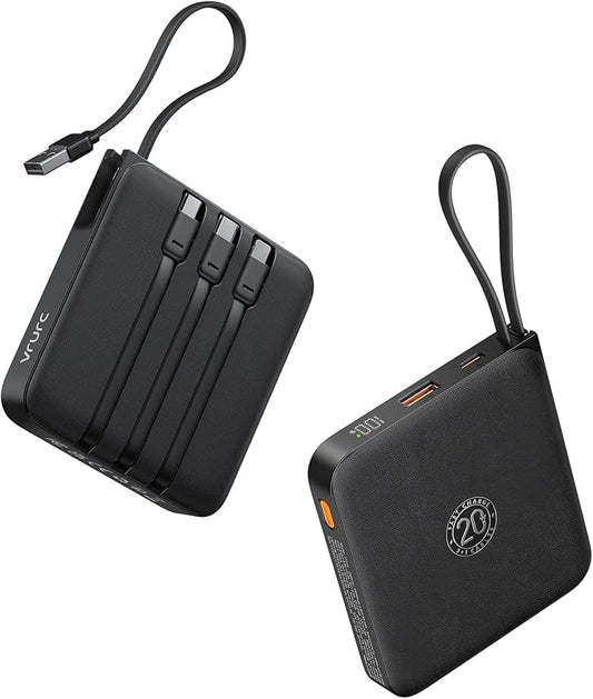 VRURC 20000mAh Portable Charger 20W Fast Charging with Built-in 4 Cables | Travel Essentials, Battery Pack Power Bank for iPhone 17/16/15 Series, Samsung Galaxy S26 Series Android Phone, Black