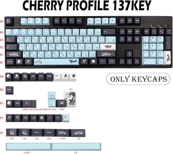 JSJT Japanese Keycap Set-Sky Blue Keycaps 137 Keys PBT Dye Sublimation Custom Keycaps with 6.25u/7u Spacebar for DZ60/RK61/64/gk61/68/84/980/104 MX Switches Mechanical Keyboards