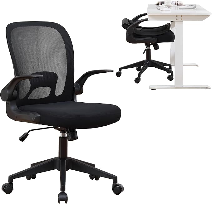 IPKIG Foldable Office Chair for Small Spaces | Home Office Folding Desk Chairs with Wheels and Flip Up Arms | Ergonomic Mesh Computer Chair for Adults & Kids Black